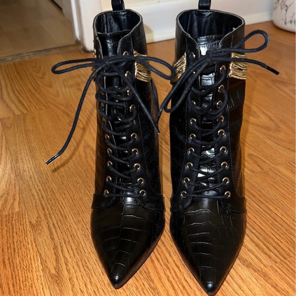Black leather croc embossed gold chain booties